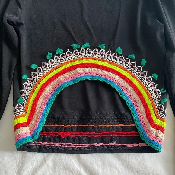Alice & Olivia-Black Longsleeve Delania Crop Top w/ Neon Multicolor Embroidery - Picture 7 of 12